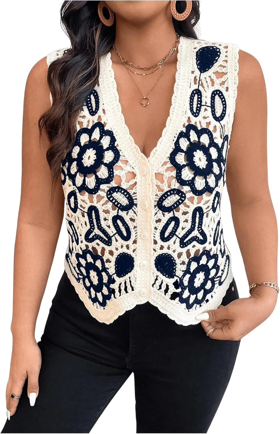 Verdusa Women's Plus Size Button Front V Neck Crochet Sweater Vest Sleeveless Knit Tops