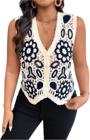 Verdusa Women's Plus Size Button Front V Neck Crochet Sweater Vest Sleeveless Knit Tops