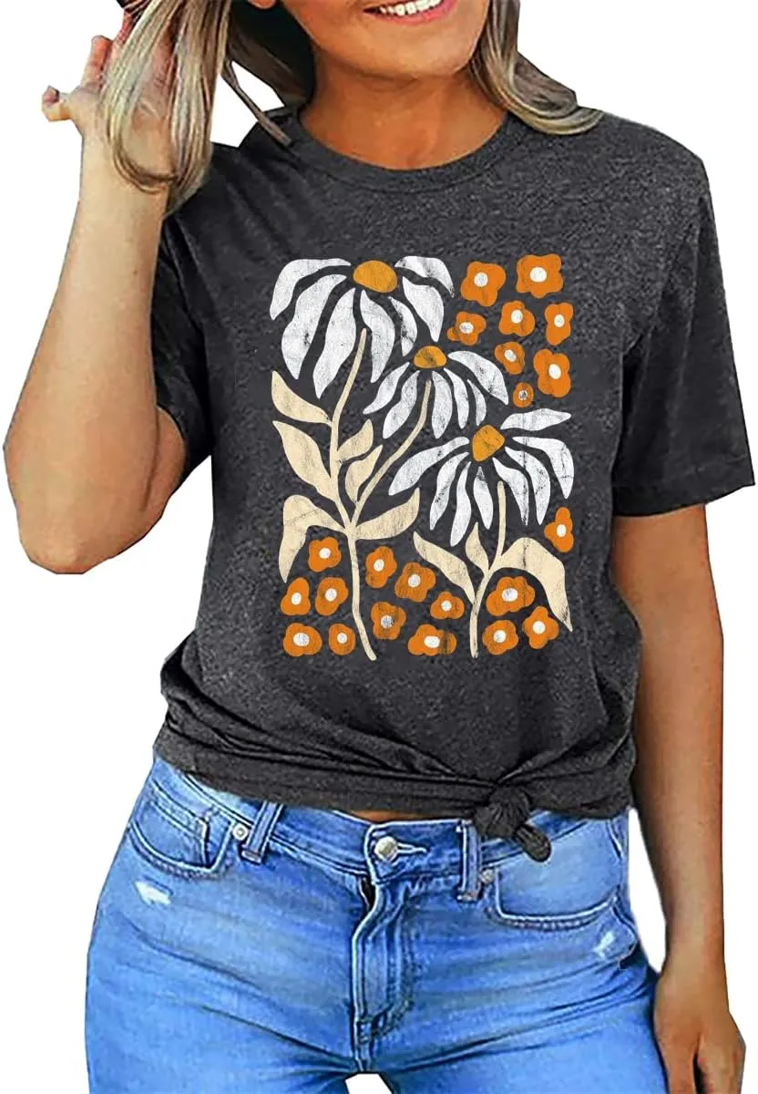 Vintage Flowers Tshirt Women Boho Distressed Wildflowers Graphic Tee Casual Short Sleeve Nature Shirts Tops