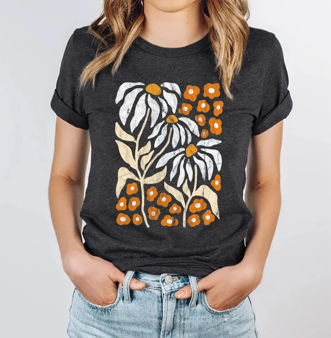 Vintage Flowers Tshirt Women Boho Distressed Wildflowers Graphic Tee Casual Short Sleeve Nature Shirts Tops