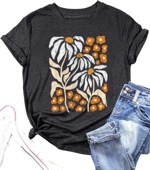 Vintage Flowers Tshirt Women Boho Distressed Wildflowers Graphic Tee Casual Short Sleeve Nature Shirts Tops