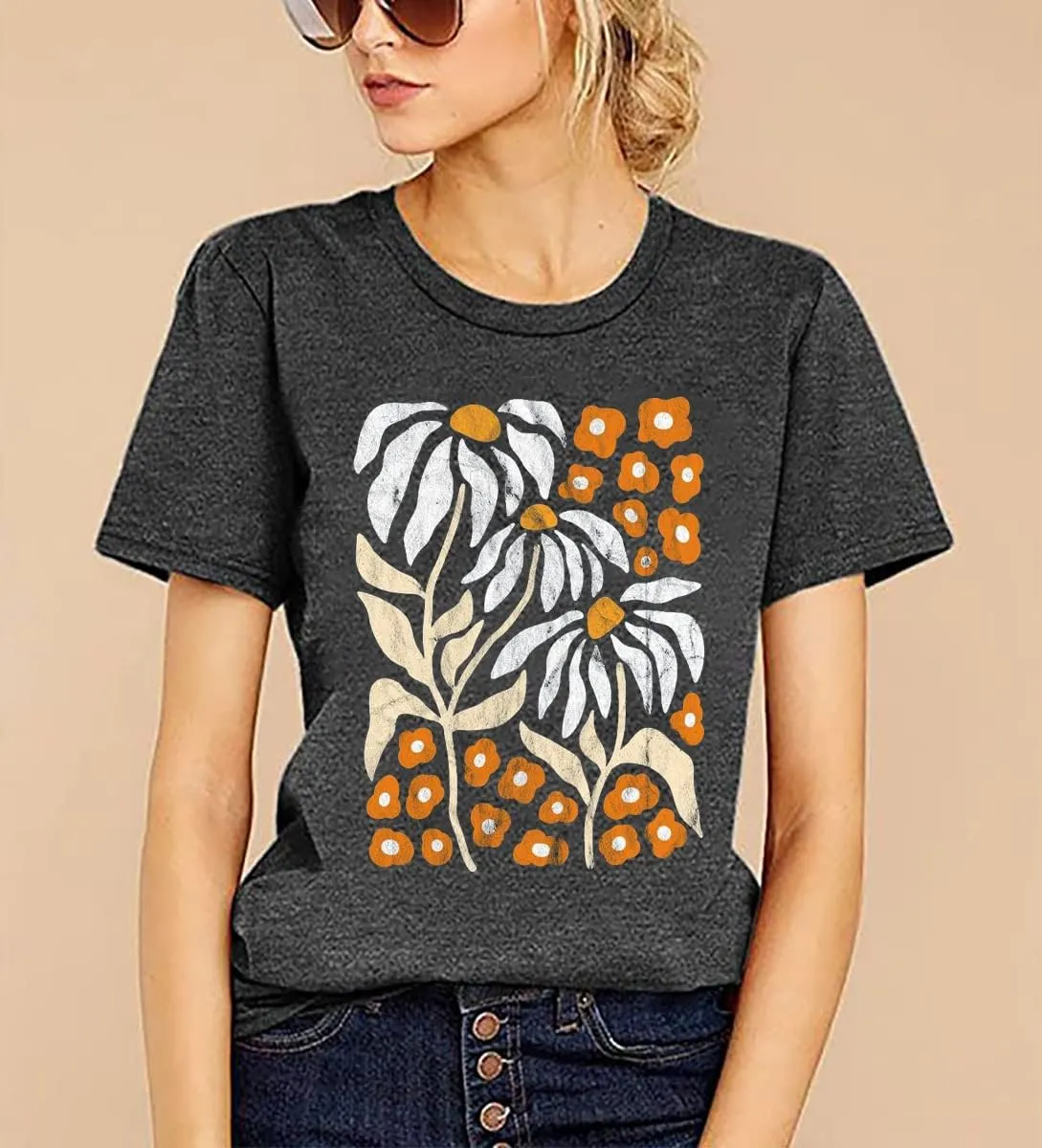 Vintage Flowers Tshirt Women Boho Distressed Wildflowers Graphic Tee Casual Short Sleeve Nature Shirts Tops