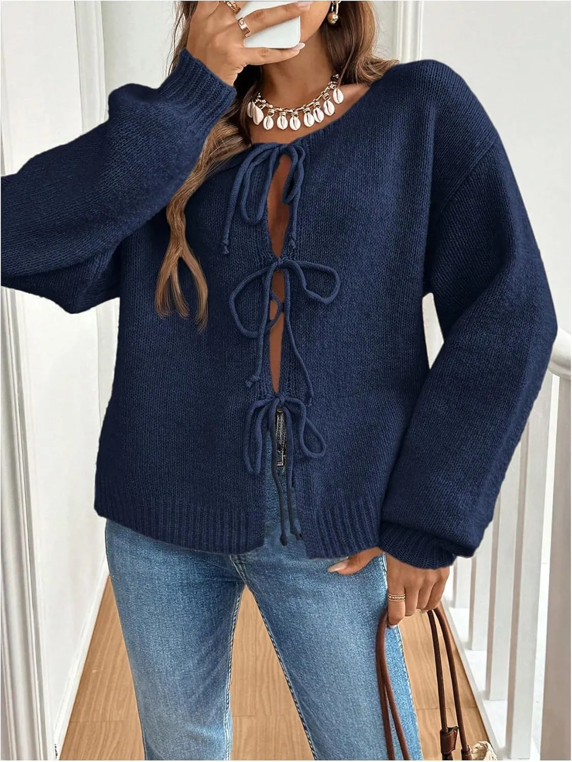 WDIRARA Women's Tie Front Crewneck Knit Cardigan Long Sleeve Drop Shoulder Sweater