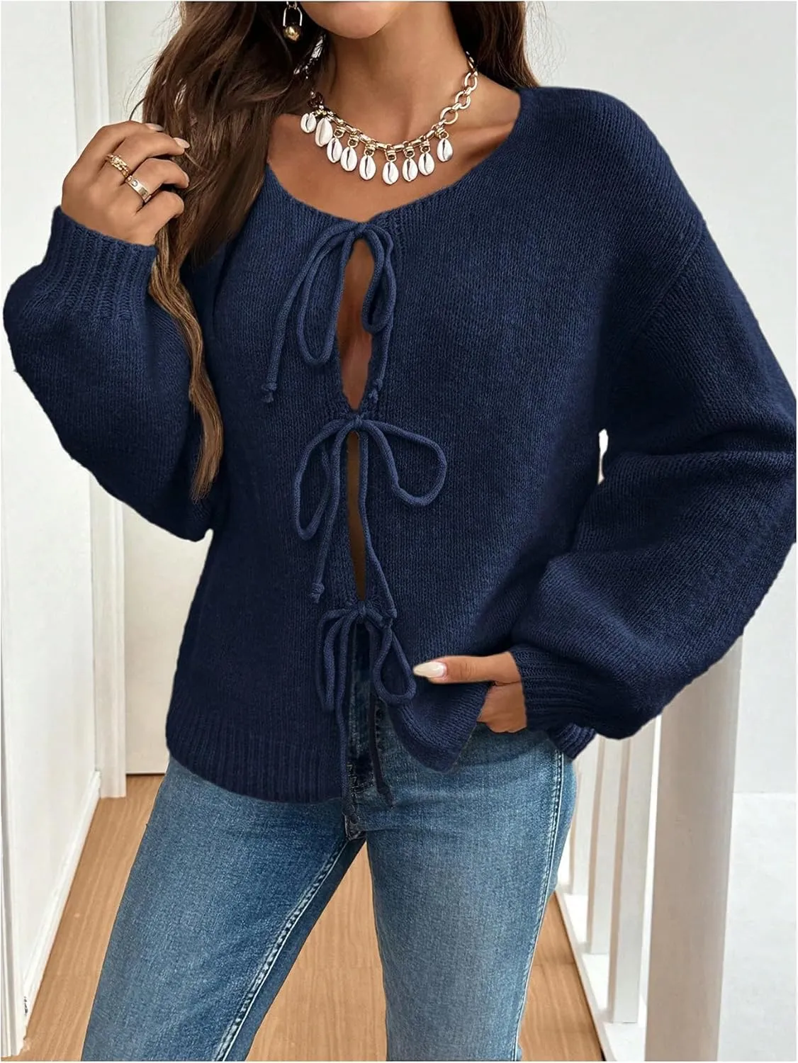 WDIRARA Women's Tie Front Crewneck Knit Cardigan Long Sleeve Drop Shoulder Sweater