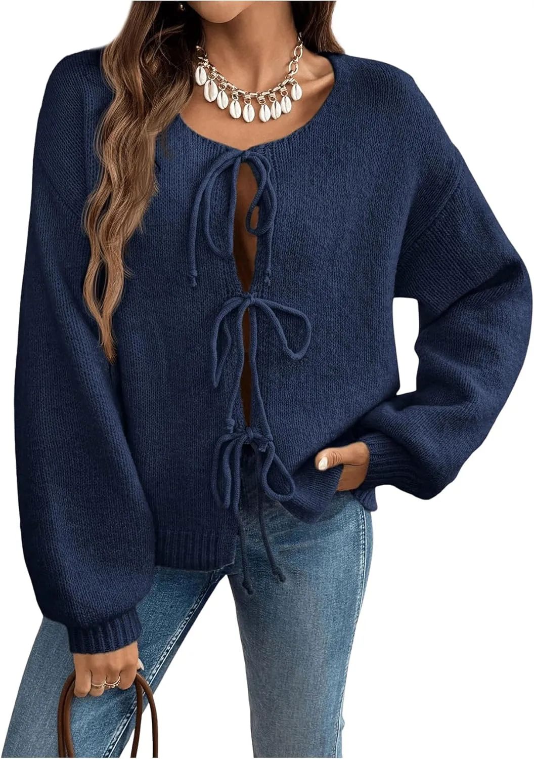 WDIRARA Women's Tie Front Crewneck Knit Cardigan Long Sleeve Drop Shoulder Sweater