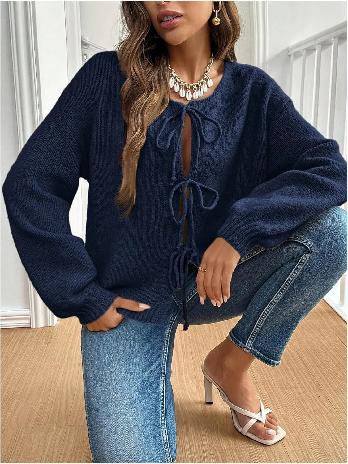 WDIRARA Women's Tie Front Crewneck Knit Cardigan Long Sleeve Drop Shoulder Sweater
