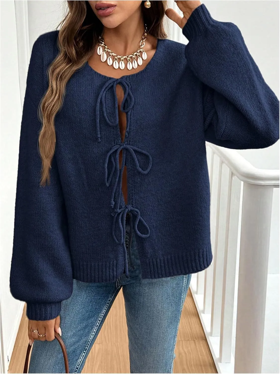 WDIRARA Women's Tie Front Crewneck Knit Cardigan Long Sleeve Drop Shoulder Sweater