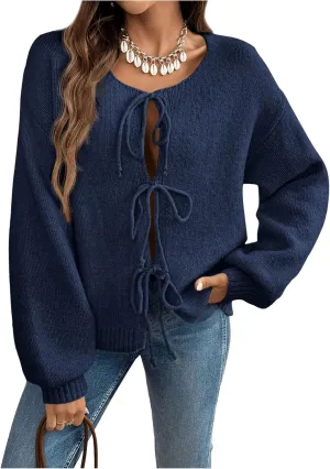 WDIRARA Women's Tie Front Crewneck Knit Cardigan Long Sleeve Drop Shoulder Sweater