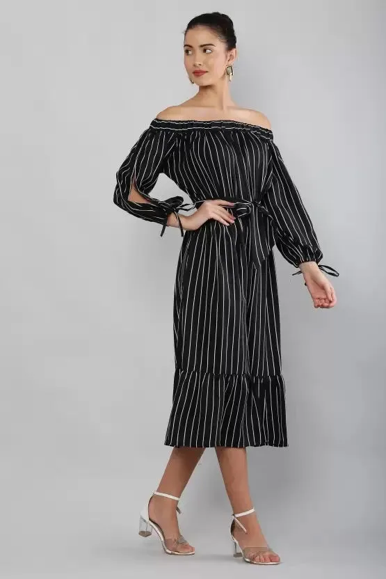 Whitewhale Women Relaxed Fit Off-Shoulder Stripe Maxi Dress