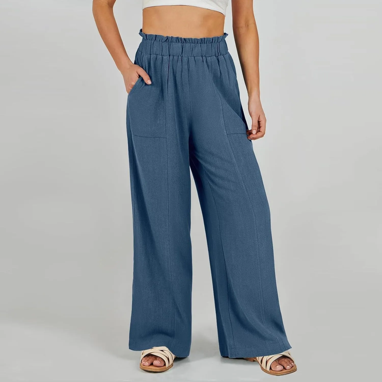Wide Leg Linen Pants for Women Elastic High Waist Palazzo Pants Summer Casual Flowy Boho Beach Trousers with Pockets