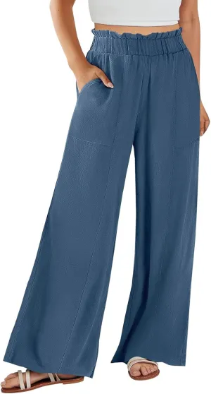 Wide Leg Linen Pants for Women Elastic High Waist Palazzo Pants Summer Casual Flowy Boho Beach Trousers with Pockets