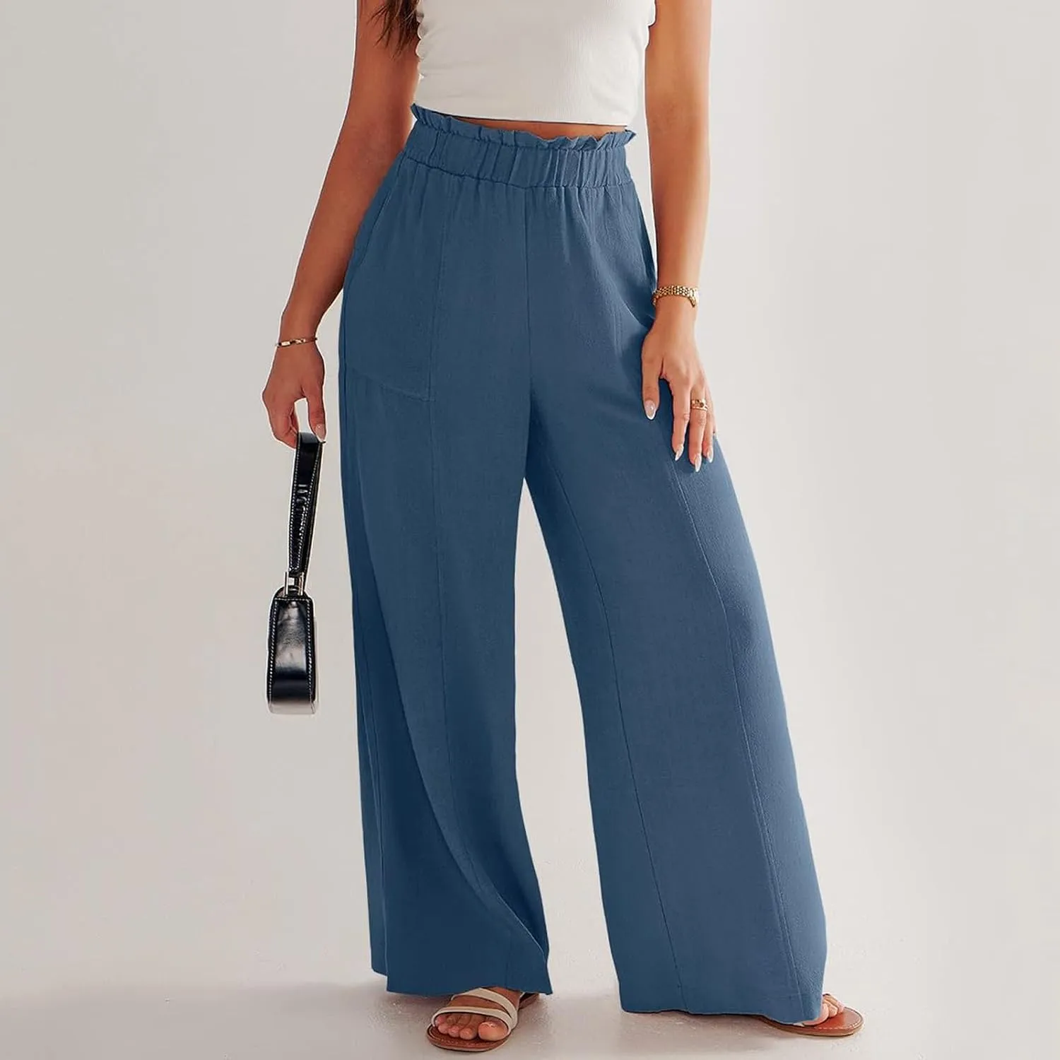 Wide Leg Linen Pants for Women Elastic High Waist Palazzo Pants Summer Casual Flowy Boho Beach Trousers with Pockets