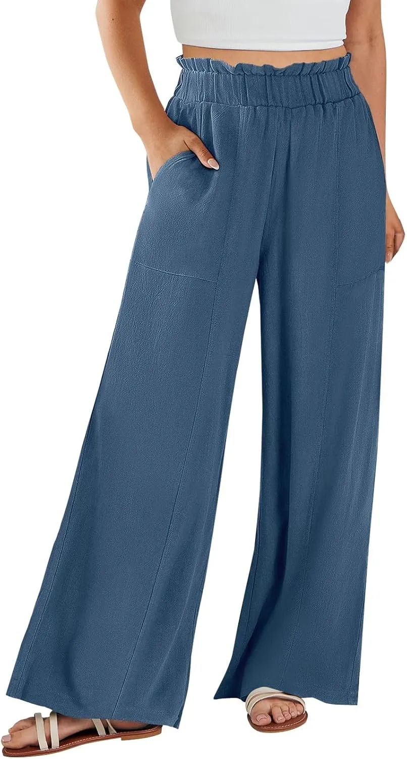 Wide Leg Linen Pants for Women Elastic High Waist Palazzo Pants Summer Casual Flowy Boho Beach Trousers with Pockets