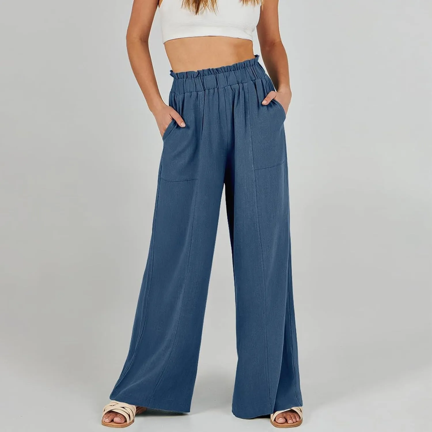 Wide Leg Linen Pants for Women Elastic High Waist Palazzo Pants Summer Casual Flowy Boho Beach Trousers with Pockets