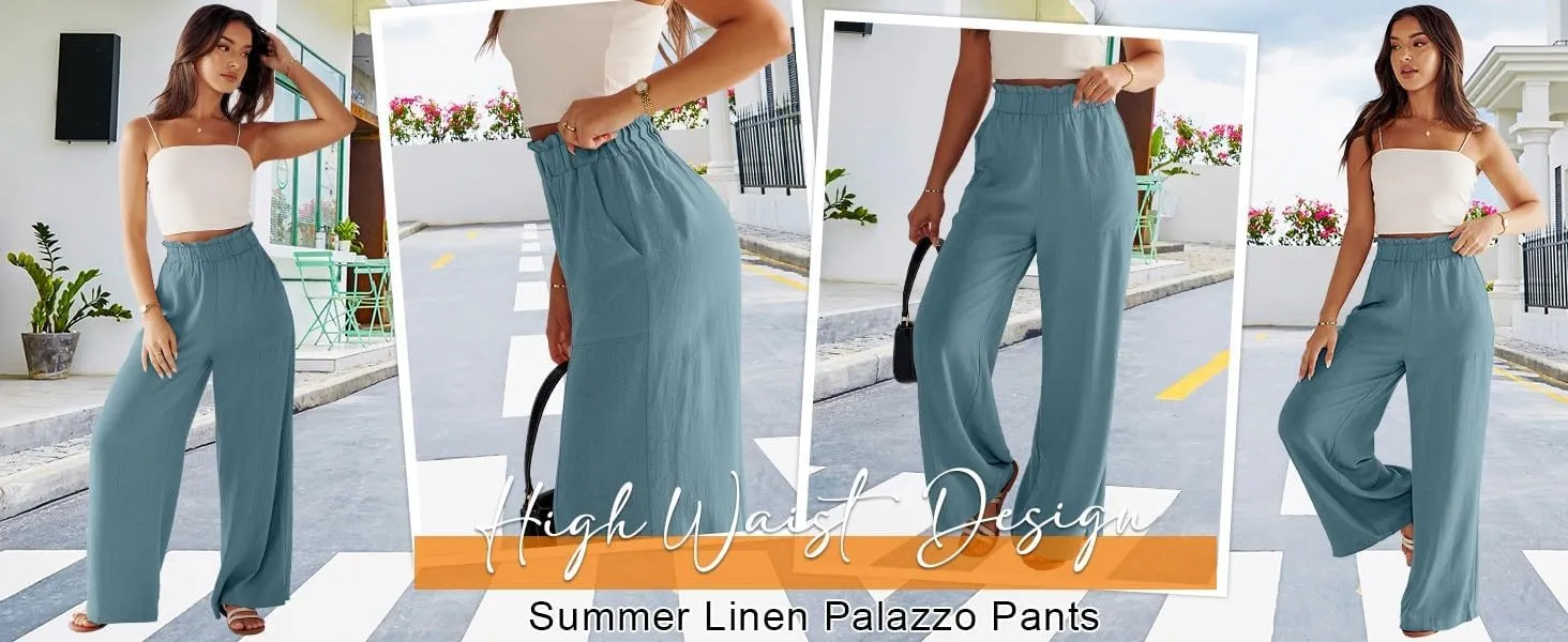 Wide Leg Linen Pants for Women Elastic High Waist Palazzo Pants Summer Casual Flowy Boho Beach Trousers with Pockets