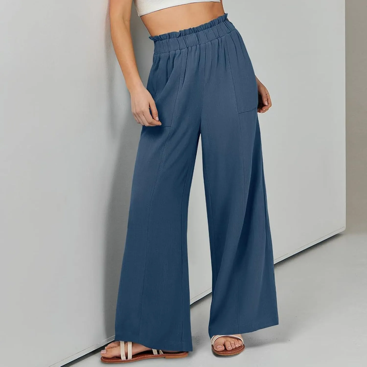Wide Leg Linen Pants for Women Elastic High Waist Palazzo Pants Summer Casual Flowy Boho Beach Trousers with Pockets