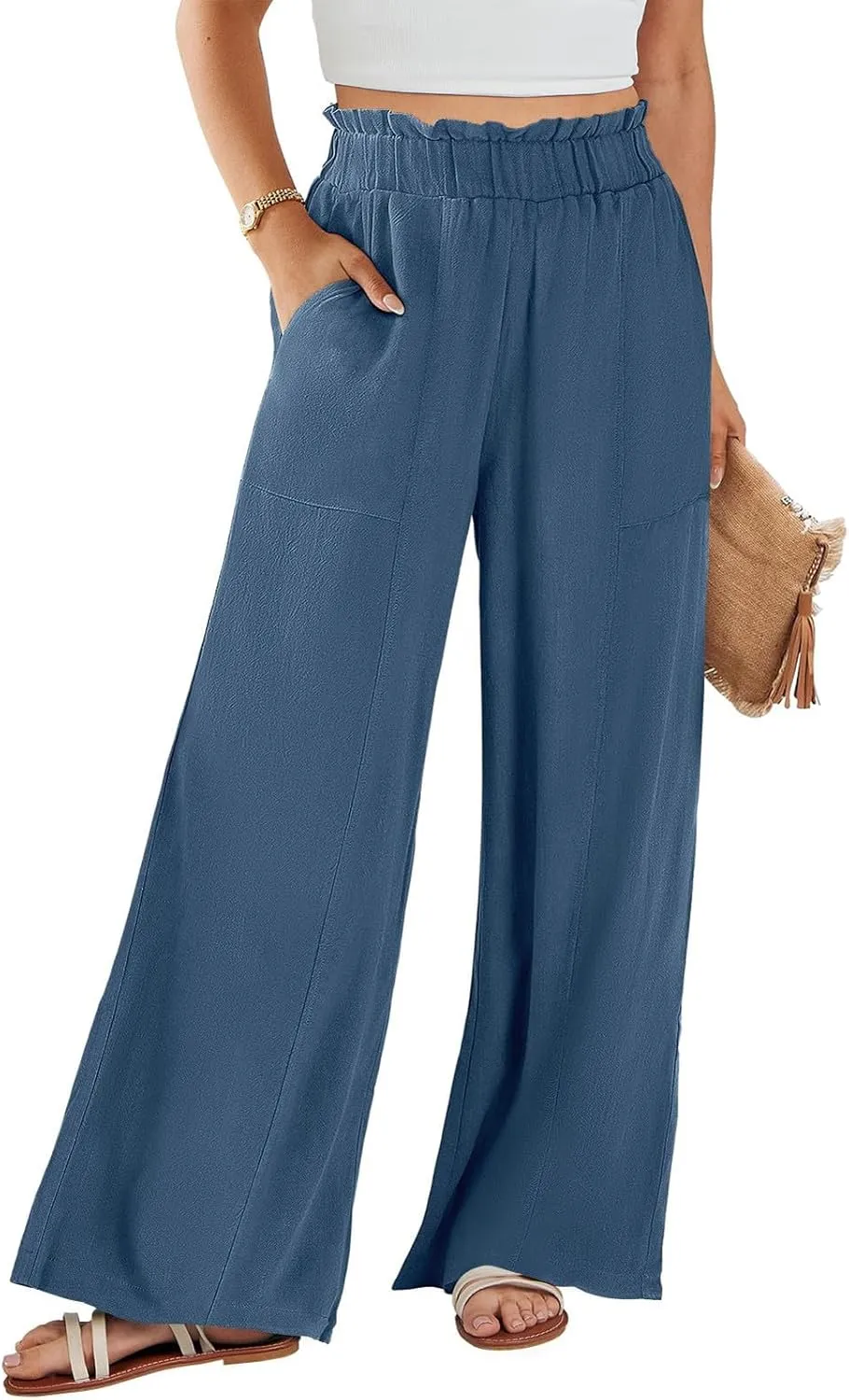Wide Leg Linen Pants for Women Elastic High Waist Palazzo Pants Summer Casual Flowy Boho Beach Trousers with Pockets