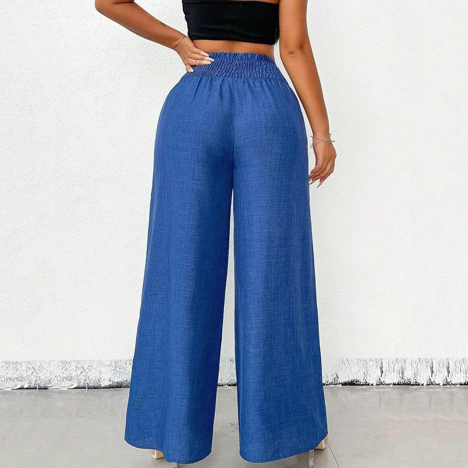 Wide Leg Linen Pants for Women Elastic Smocked High Waisted Flowy Palazzo Pants with Pockets Casual Relaxed Fit Dress Trouser