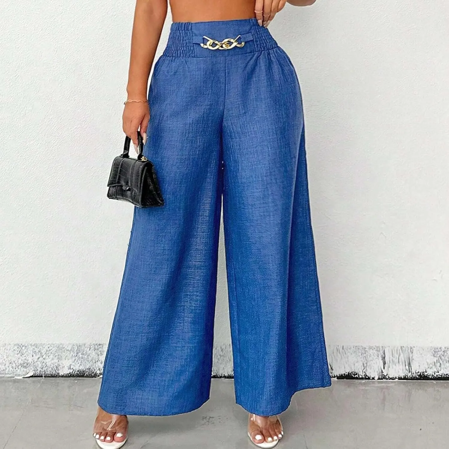 Wide Leg Linen Pants for Women Elastic Smocked High Waisted Flowy Palazzo Pants with Pockets Casual Relaxed Fit Dress Trouser
