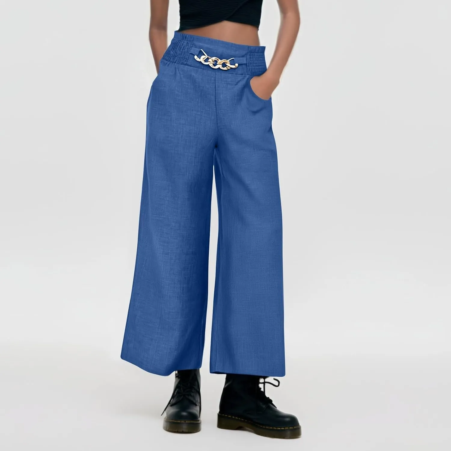 Wide Leg Linen Pants for Women Elastic Smocked High Waisted Flowy Palazzo Pants with Pockets Casual Relaxed Fit Dress Trouser