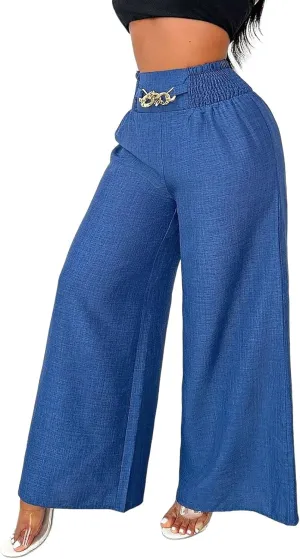 Wide Leg Linen Pants for Women Elastic Smocked High Waisted Flowy Palazzo Pants with Pockets Casual Relaxed Fit Dress Trouser