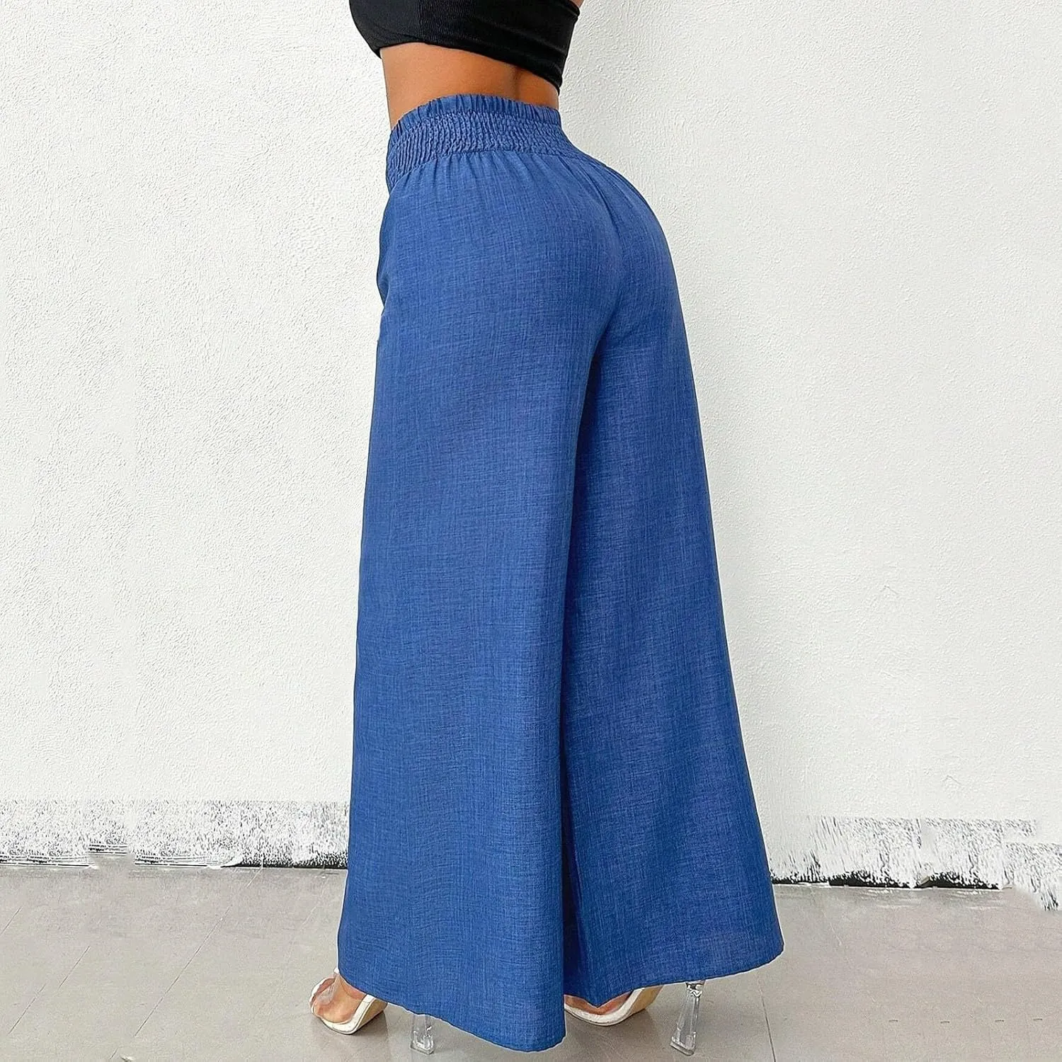 Wide Leg Linen Pants for Women Elastic Smocked High Waisted Flowy Palazzo Pants with Pockets Casual Relaxed Fit Dress Trouser