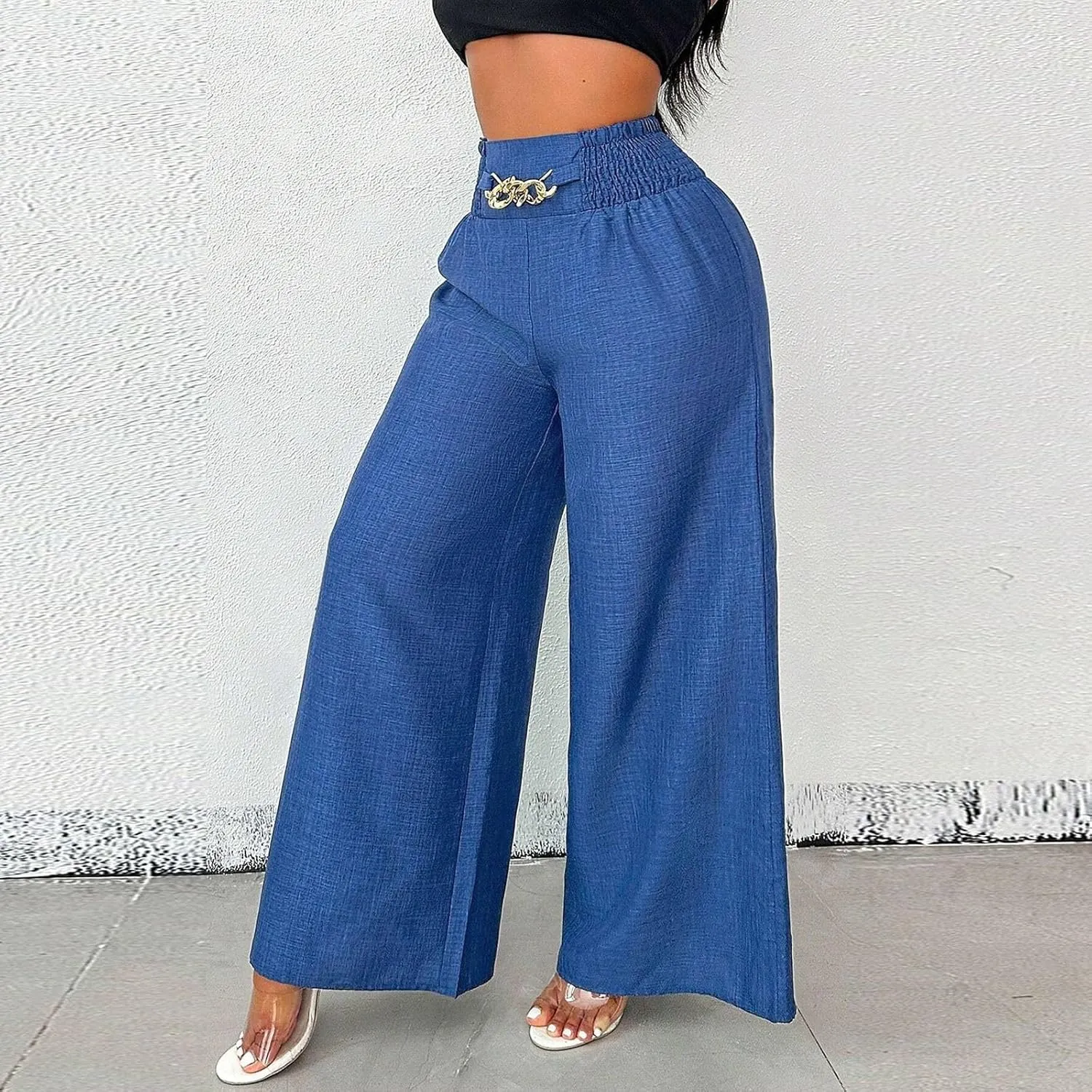 Wide Leg Linen Pants for Women Elastic Smocked High Waisted Flowy Palazzo Pants with Pockets Casual Relaxed Fit Dress Trouser