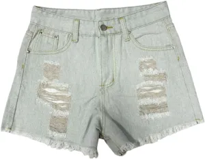 Women American High Waisted Retro Ripped Washed Denim Shorts Solid Color Straight Leg Pants