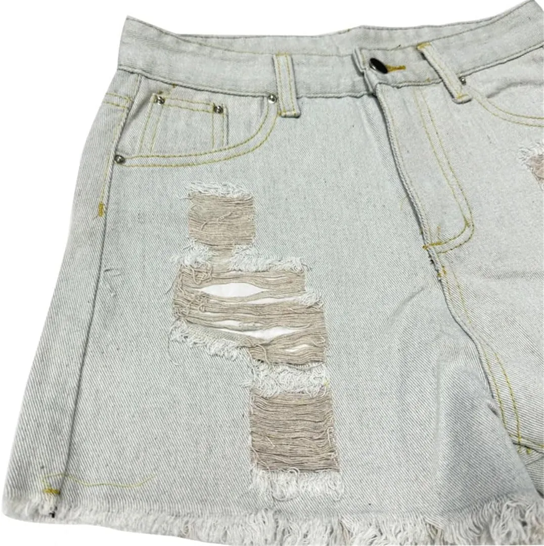 Women American High Waisted Retro Ripped Washed Denim Shorts Solid Color Straight Leg Pants