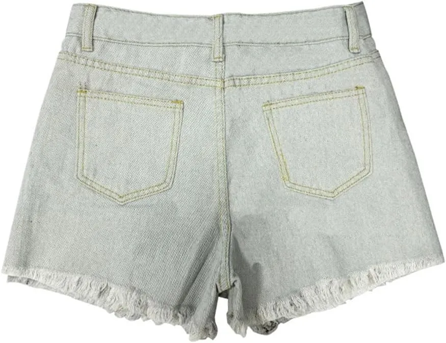Women American High Waisted Retro Ripped Washed Denim Shorts Solid Color Straight Leg Pants