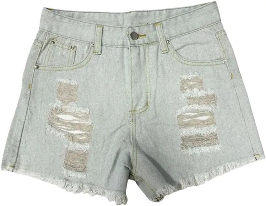 Women American High Waisted Retro Ripped Washed Denim Shorts Solid Color Straight Leg Pants