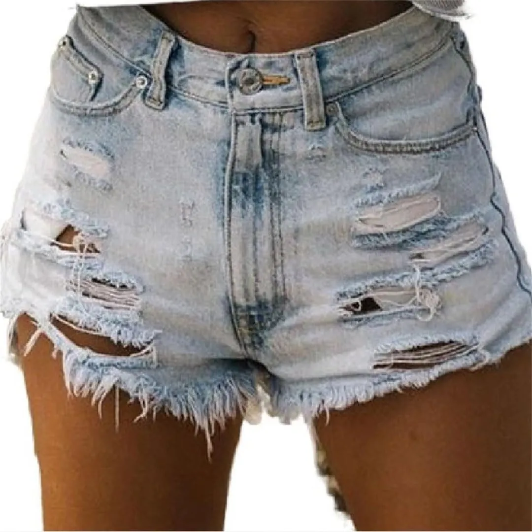 Women American High Waisted Retro Ripped Washed Denim Shorts Solid Color Straight Leg Pants
