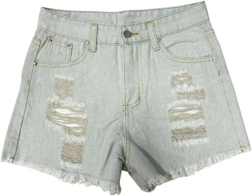 Women American High Waisted Retro Ripped Washed Denim Shorts Solid Color Straight Leg Pants