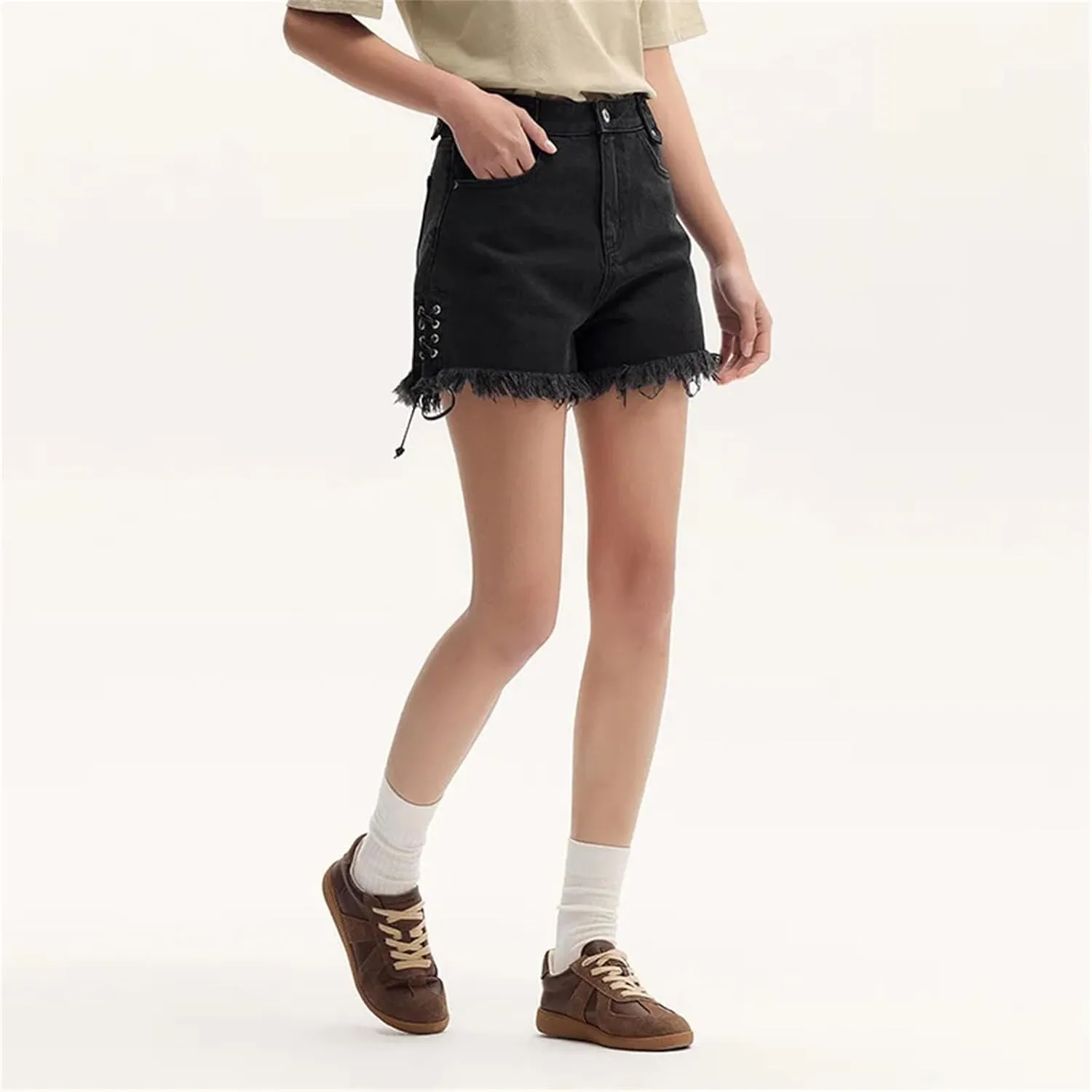 Women Black Rolled Edge Tie High Street Ice Silk Denim Shorts Summer High Waisted Hot Pants Regular Jeans