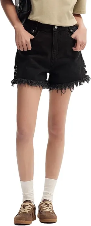 Women Black Rolled Edge Tie High Street Ice Silk Denim Shorts Summer High Waisted Hot Pants Regular Jeans