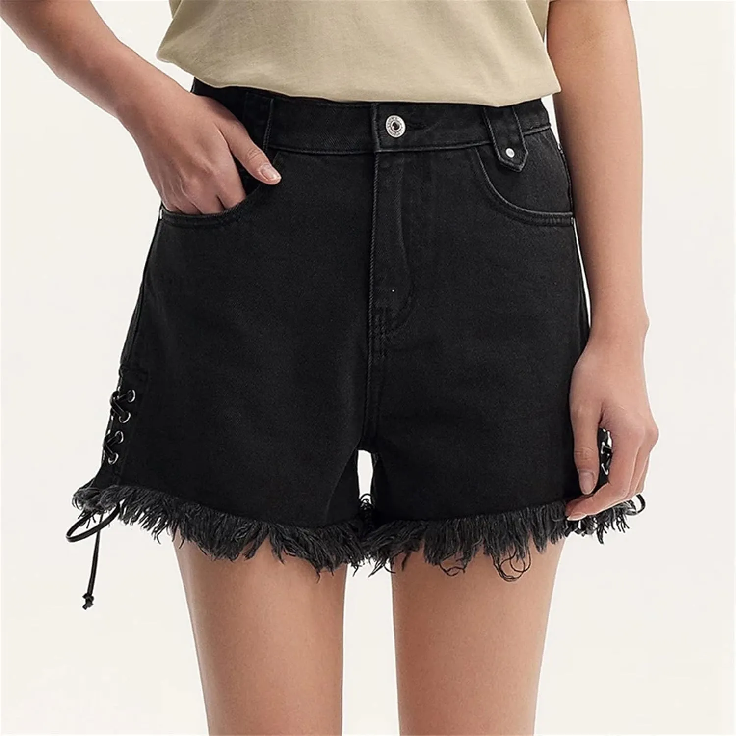 Women Black Rolled Edge Tie High Street Ice Silk Denim Shorts Summer High Waisted Hot Pants Regular Jeans