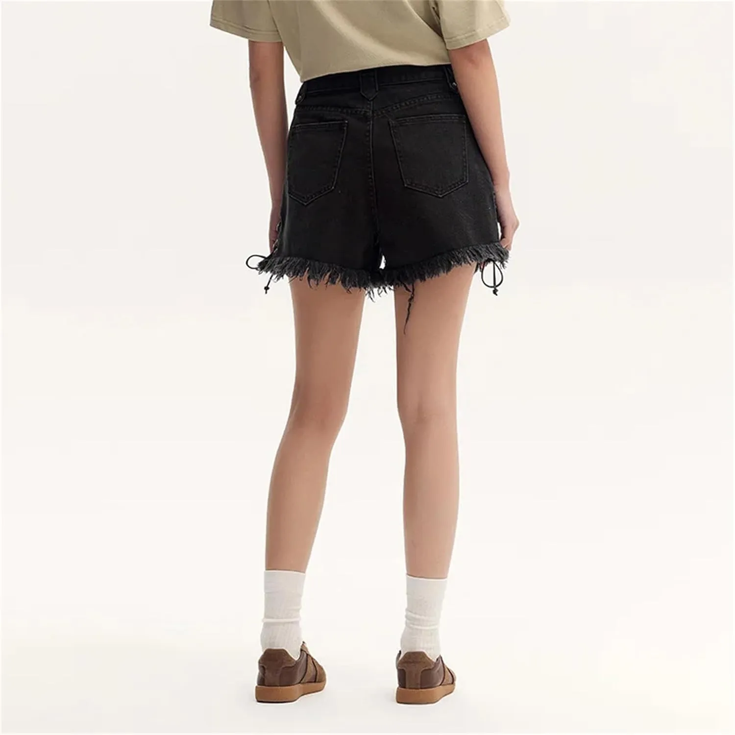 Women Black Rolled Edge Tie High Street Ice Silk Denim Shorts Summer High Waisted Hot Pants Regular Jeans