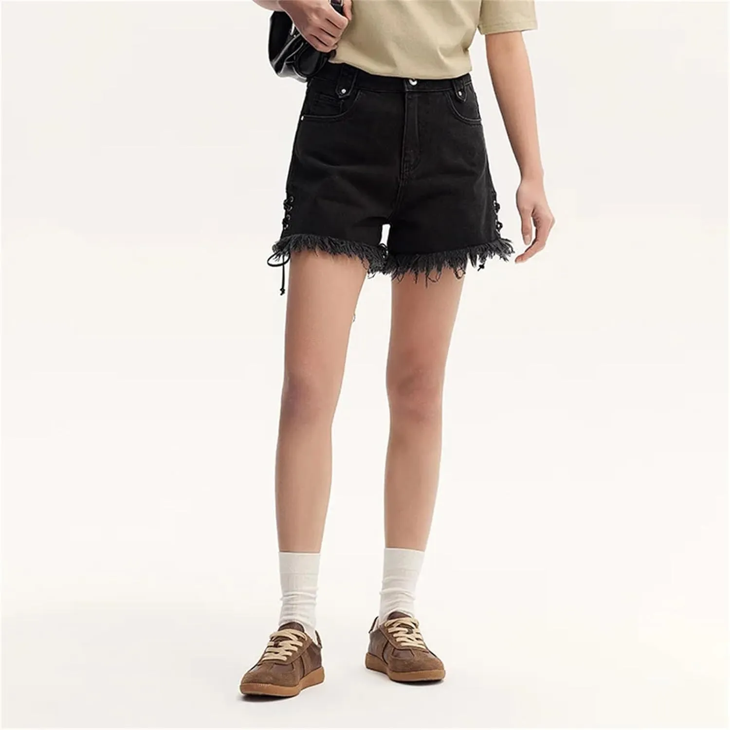 Women Black Rolled Edge Tie High Street Ice Silk Denim Shorts Summer High Waisted Hot Pants Regular Jeans