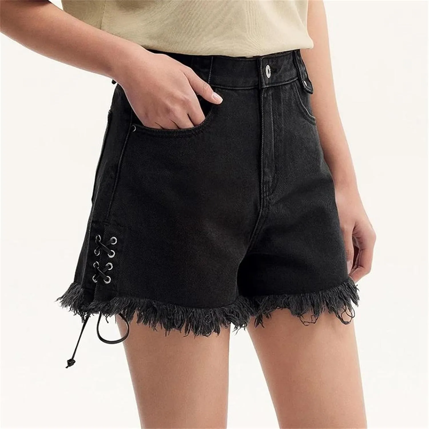 Women Black Rolled Edge Tie High Street Ice Silk Denim Shorts Summer High Waisted Hot Pants Regular Jeans