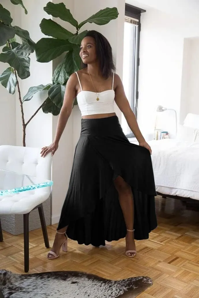 Women Boho High Waist Wrap Skirt Flowy Skirts Maxi Skirt with Slit Ruffle High Low Skirt with Shorts