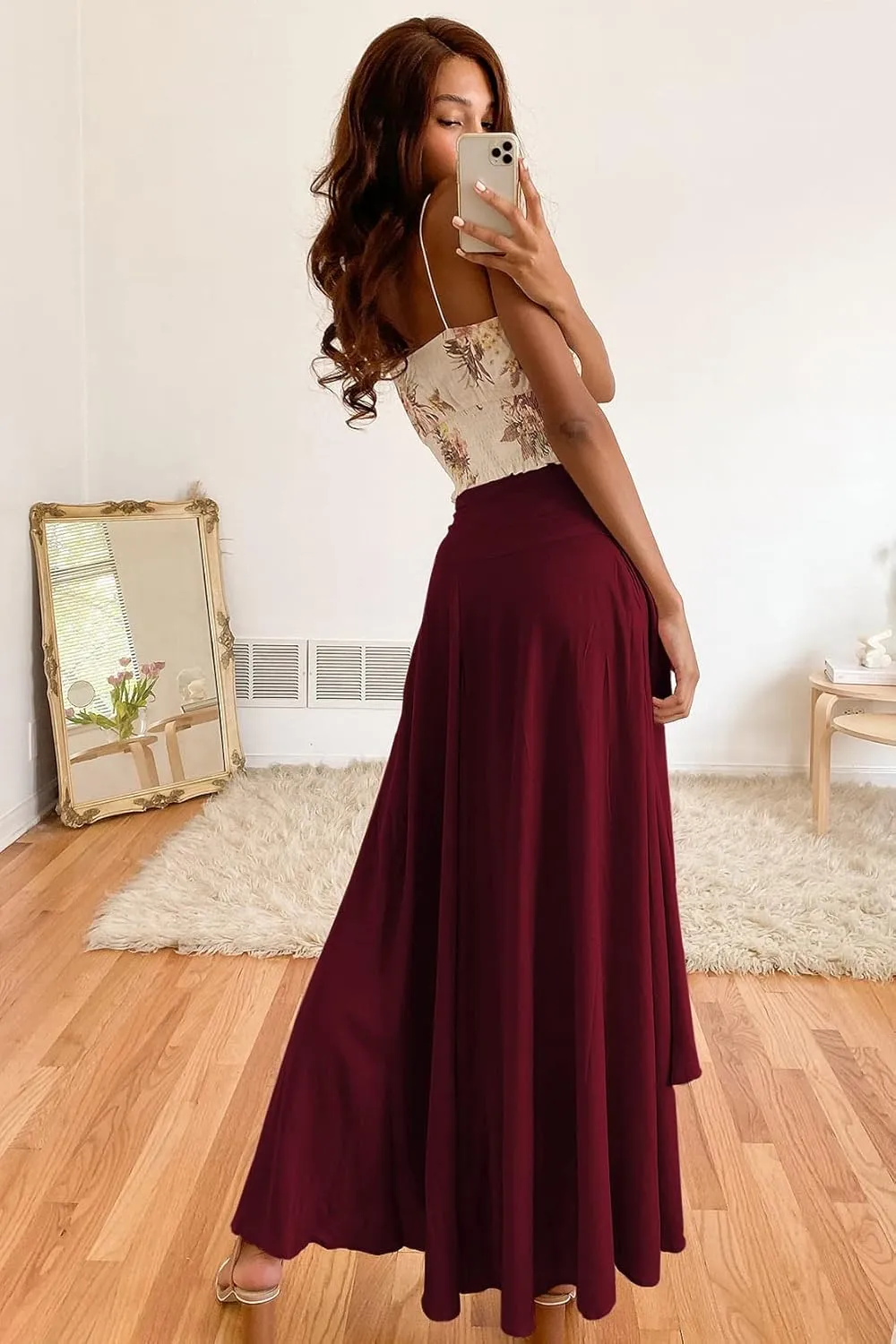 Women Boho High Waist Wrap Skirt Flowy Skirts Maxi Skirt with Slit Ruffle High Low Skirt with Shorts