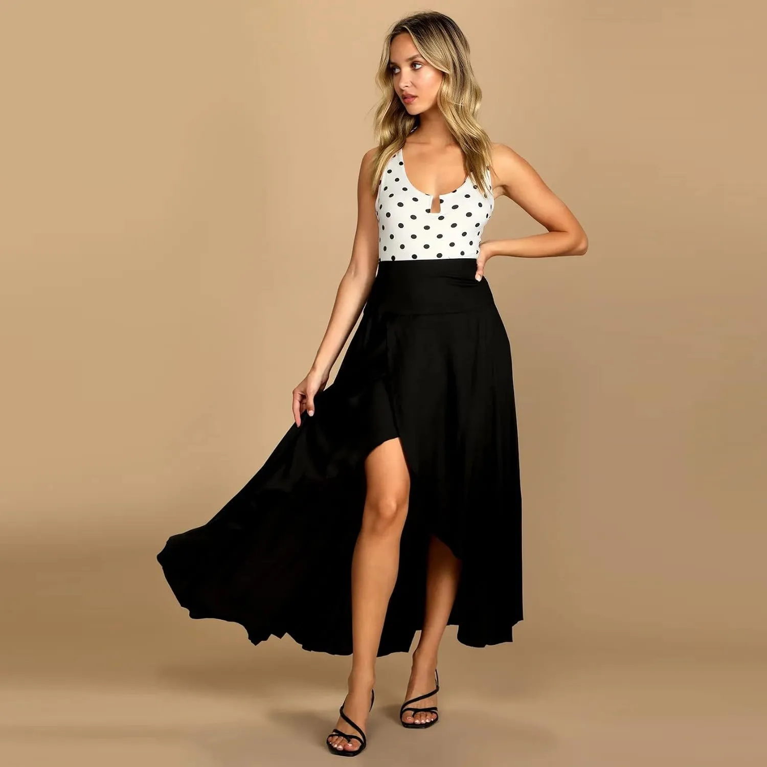 Women Boho High Waist Wrap Skirt Flowy Skirts Maxi Skirt with Slit Ruffle High Low Skirt with Shorts