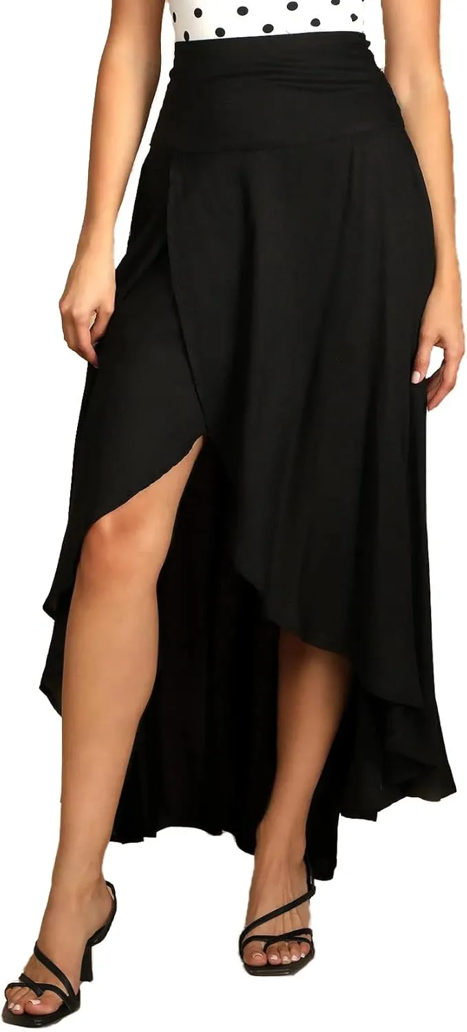 Women Boho High Waist Wrap Skirt Flowy Skirts Maxi Skirt with Slit Ruffle High Low Skirt with Shorts