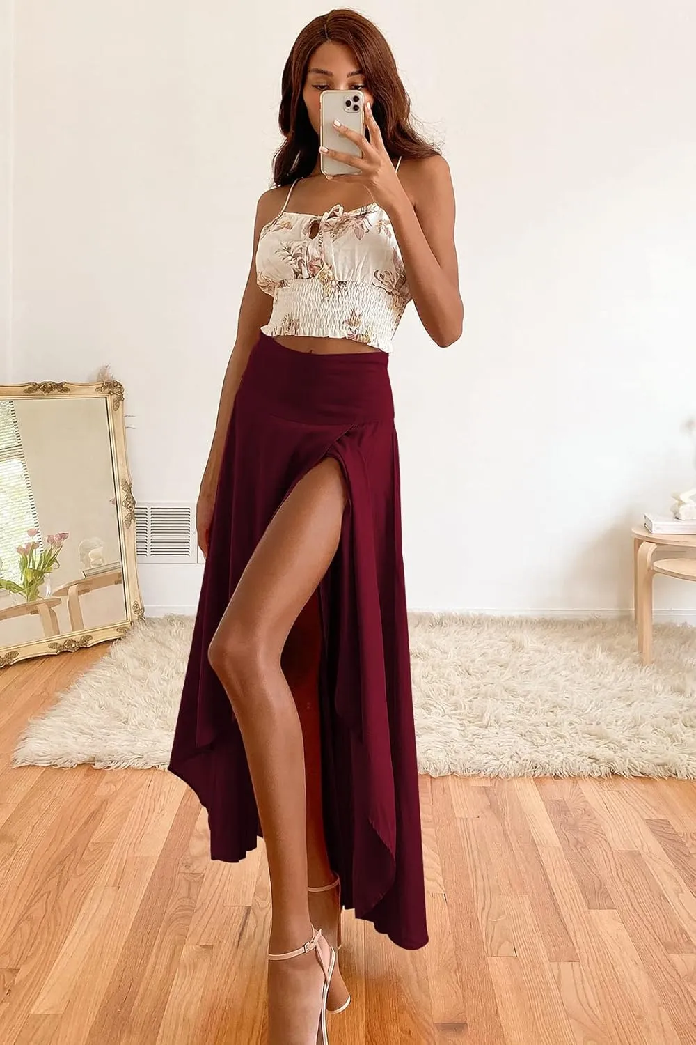 Women Boho High Waist Wrap Skirt Flowy Skirts Maxi Skirt with Slit Ruffle High Low Skirt with Shorts