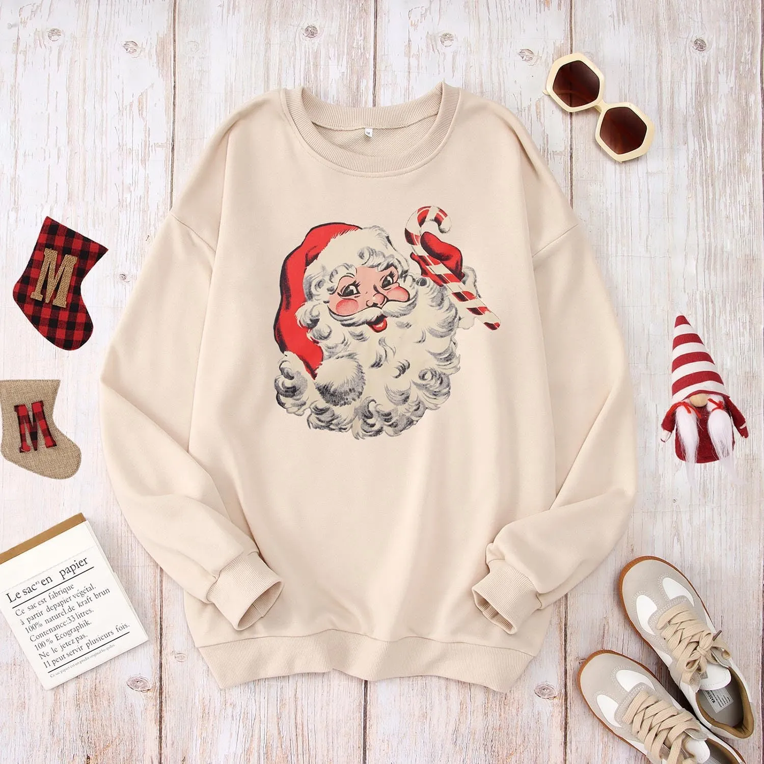 Women Christmas Sweatshirt Retro Santa Claus Graphic Pullover Vintage Crewneck Long Sleeve Casual Xmas Holidays Tops