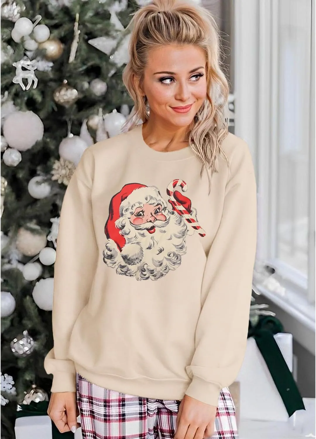 Women Christmas Sweatshirt Retro Santa Claus Graphic Pullover Vintage Crewneck Long Sleeve Casual Xmas Holidays Tops