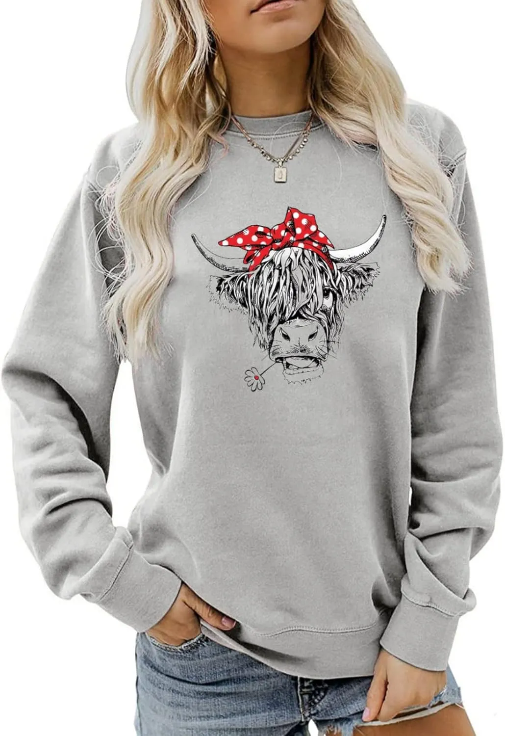 Women Cow Sweatshirt Funny Animal Graphic Long Sleeve Top Farm Life Pullover Western Cowgirl Casual Shirts