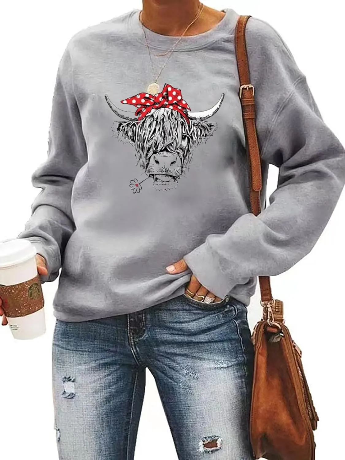 Women Cow Sweatshirt Funny Animal Graphic Long Sleeve Top Farm Life Pullover Western Cowgirl Casual Shirts