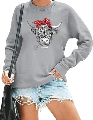 Women Cow Sweatshirt Funny Animal Graphic Long Sleeve Top Farm Life Pullover Western Cowgirl Casual Shirts