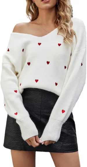 Women Cute Valentine Heart Graphic Jumper V-Neck Embroidery Knitted Loose Pullover Sweater Tops